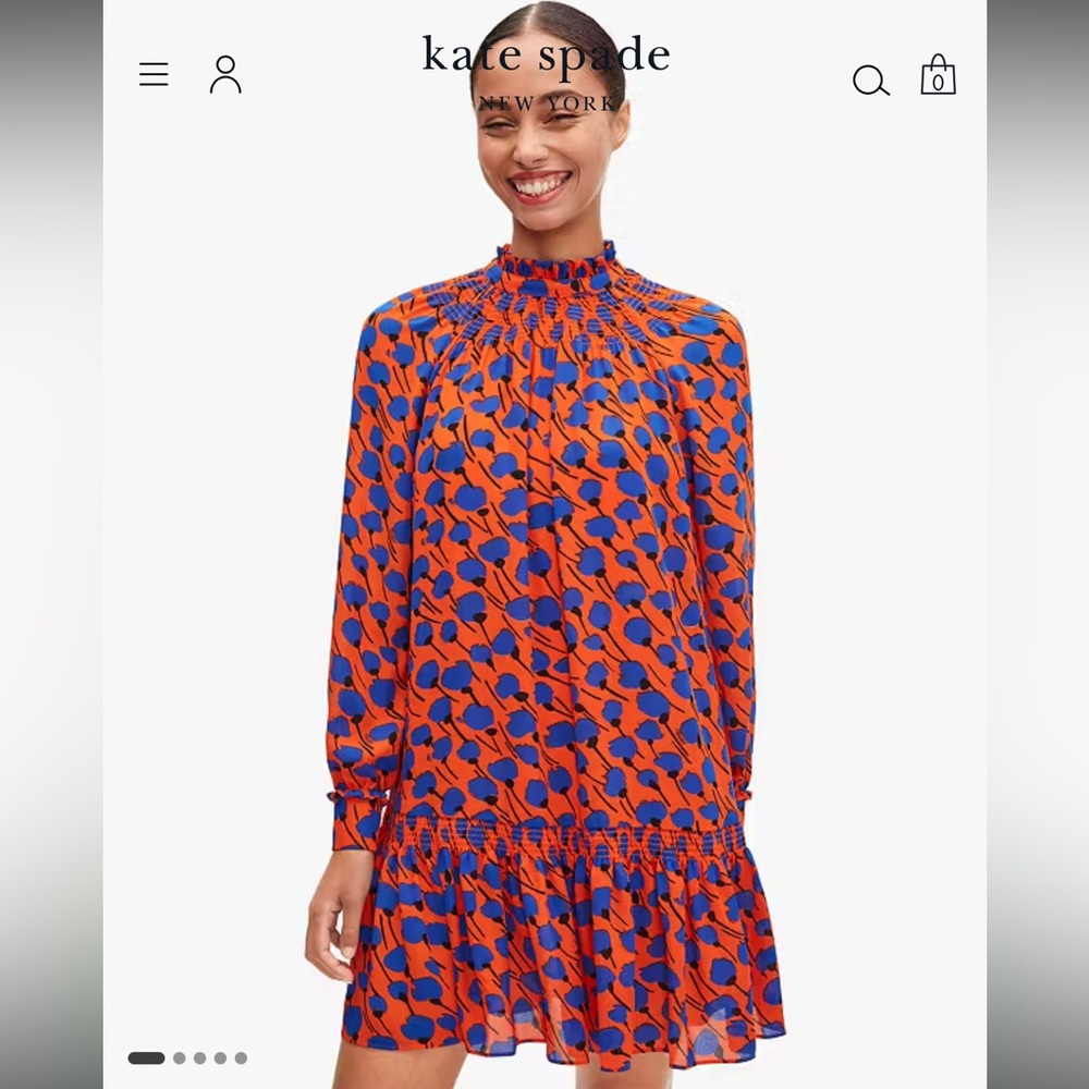 Kate Spade Poetic Floral Long Sleeve Shift Dress XS Red Blue Smocked Neck